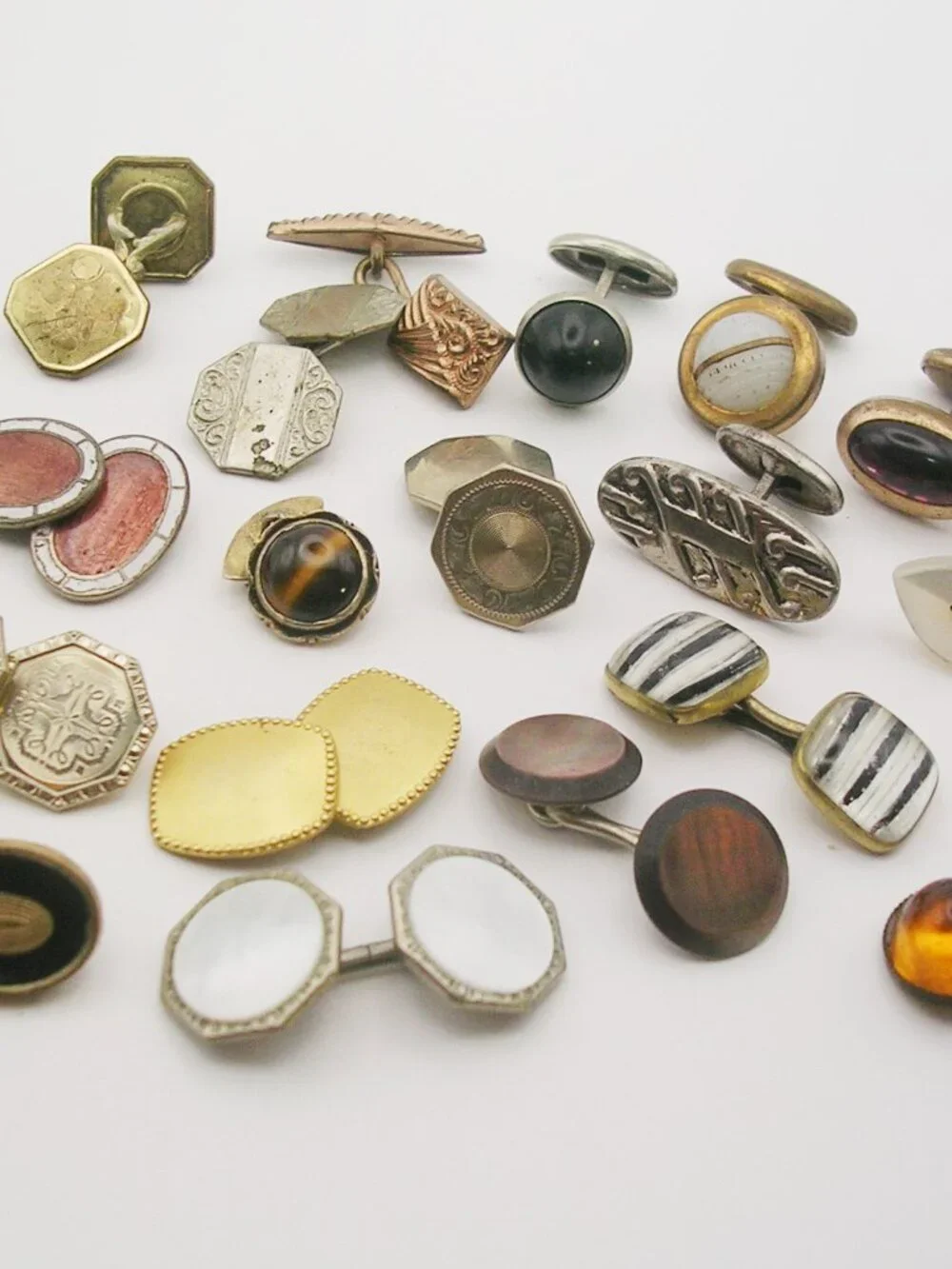 Antique Cufflinks Lot 19 SINGLE gold plate Mother of Pearl Gemstones double side